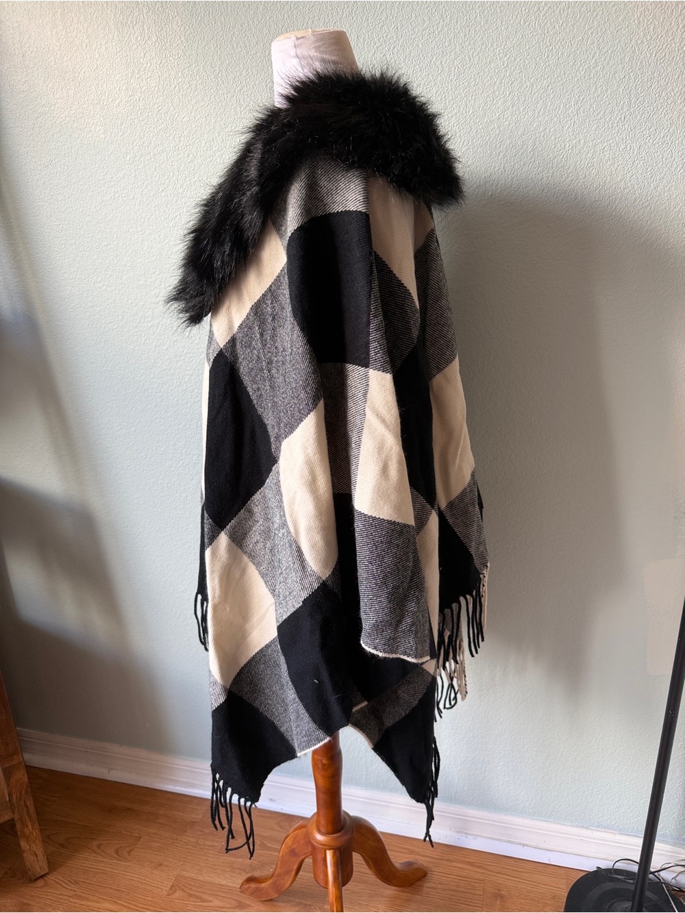 J. Crew Black and Gray Plaid Faux-Fur Collar Poncho - Picture 6 of 8